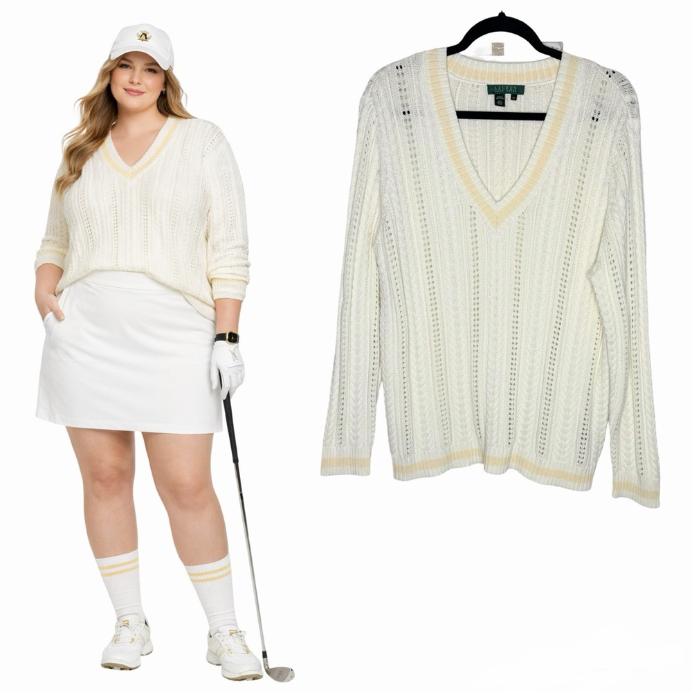Lauren Ralph Lauren Varsity V-Neck Sweater Size 2X Cream Cable Knit Tennis Prep